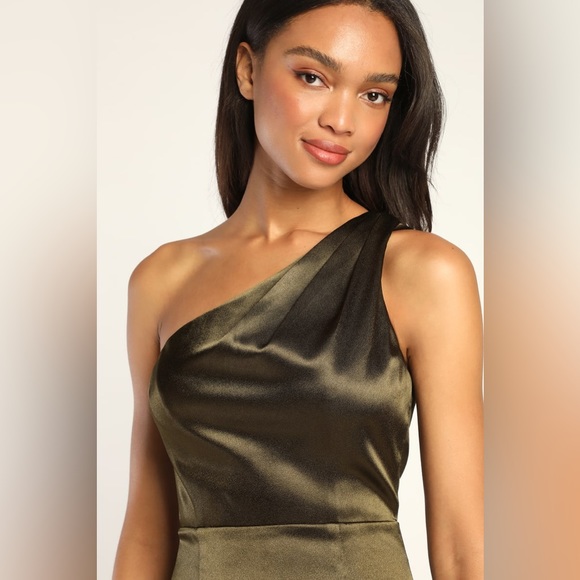Lulus On the Guest List Olive Green Satin One-Shoulder Maxi Dress - Picture 3 of 14